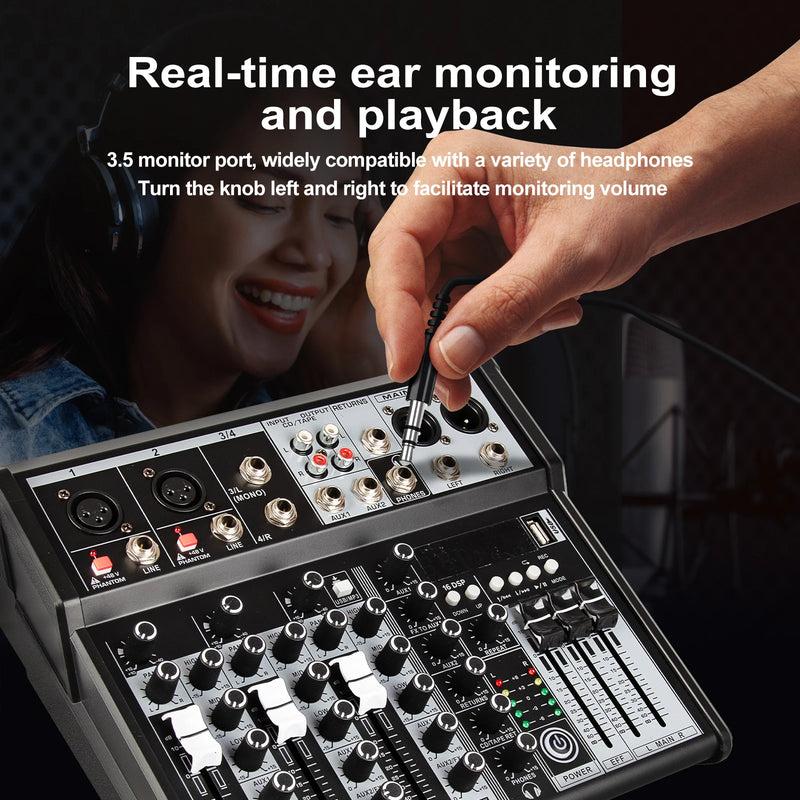 4 / 7 Channel Audio Interfacer DJ Mixer Sound Board 99-Bit DSP Effect USB Audio Mixer Effects +48V Phantom Bluetooth for Karaoke