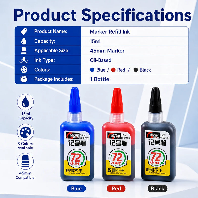 15ml 45mm Oil-Based Marker Refill Ink Cap off Feature Blue Red Black Color up to 72 Hours Durability for Business Supplies