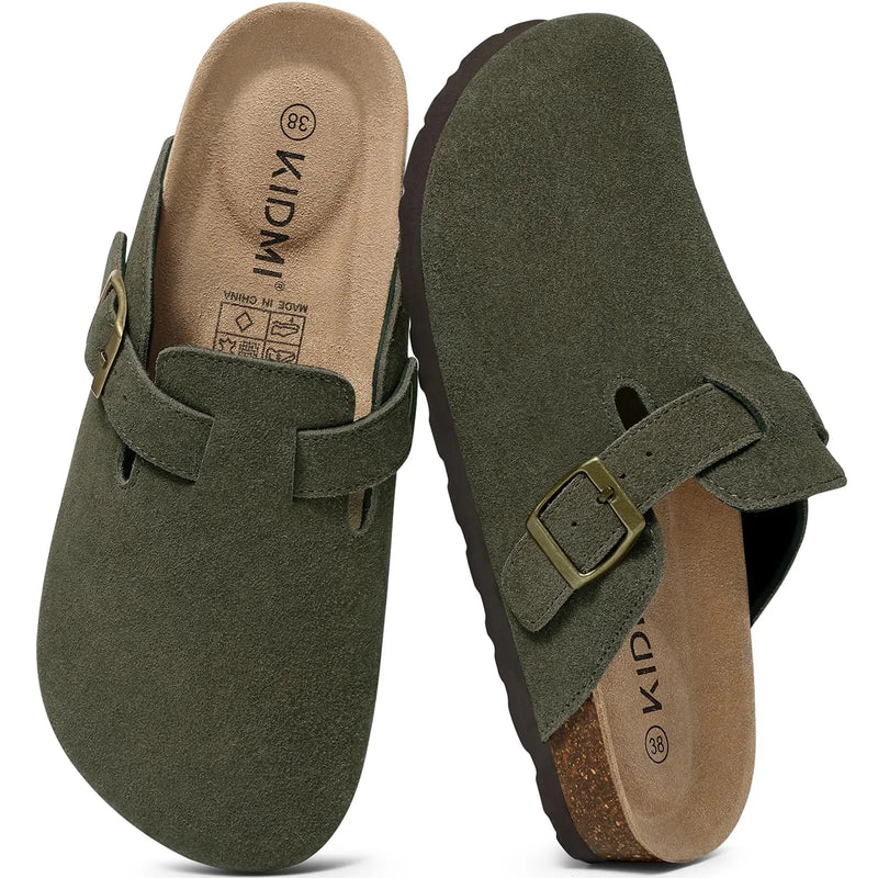 Comwarm Arch Support Unisex Clogs Slippers With Adjustable Metal Buckle Vegan Suede Mules Anti-slip Cork Footbed Potato Shoes