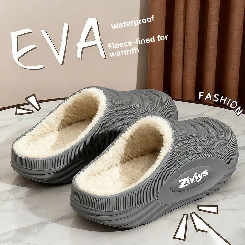 2025 New Men's Thick Bottom Waterproof Non-Slip Warm Home Outdoor Wear Fleece Lined Couple Cotton Slippers Winter EVA