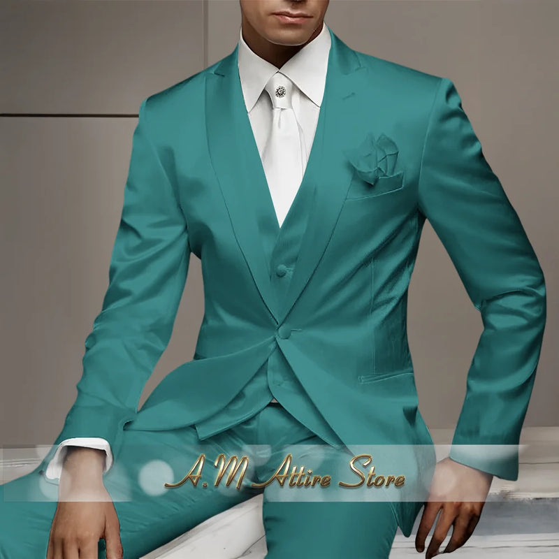 Men's Wedding Party Suits 3 Piece White Satin Mikado Jacket Vest Pants Set for Summer Banquet Party Father Gift Tailored Fit