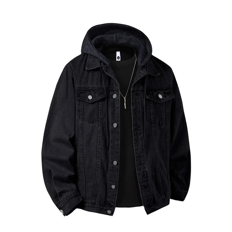 Autumn Men's Green Hooded Denim Jacket, Detachable Hood, Available in Gray, Black, and Blue.