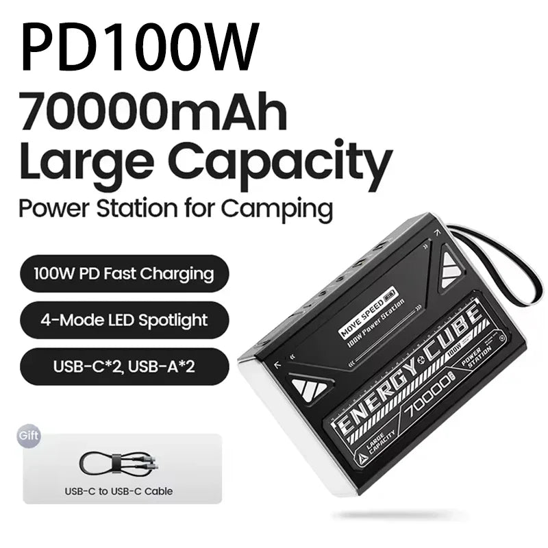 70000mAh Power Bank 100W Fast Charging Large Capacity USB C External Spare Battery for IPhone Laptop Powerbank Outdoor Camping