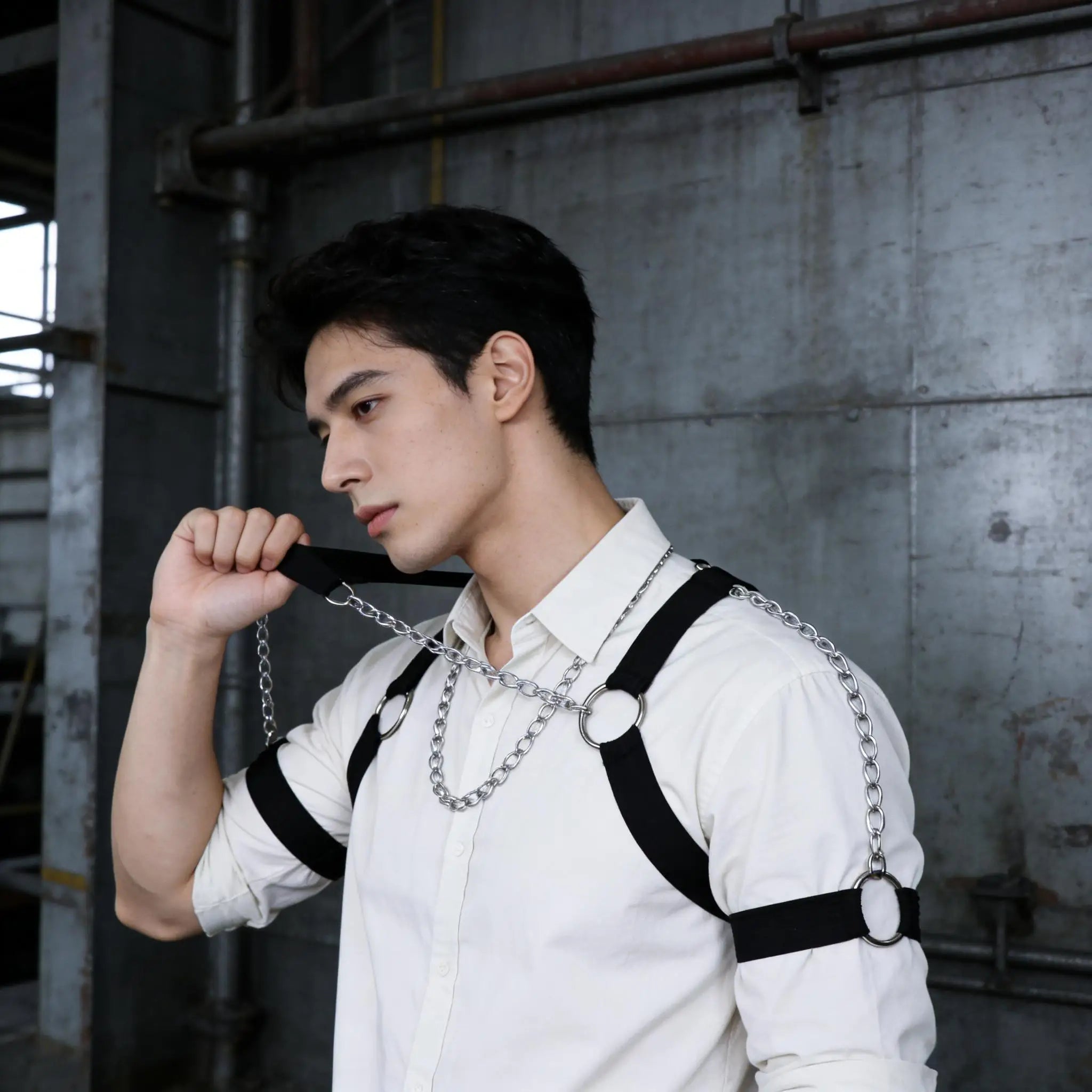 Black Punk Style Adjustable Tightness PU Metal Chain Half Harness Punk Belt Men Top Chest Suspender for Cosplay Party