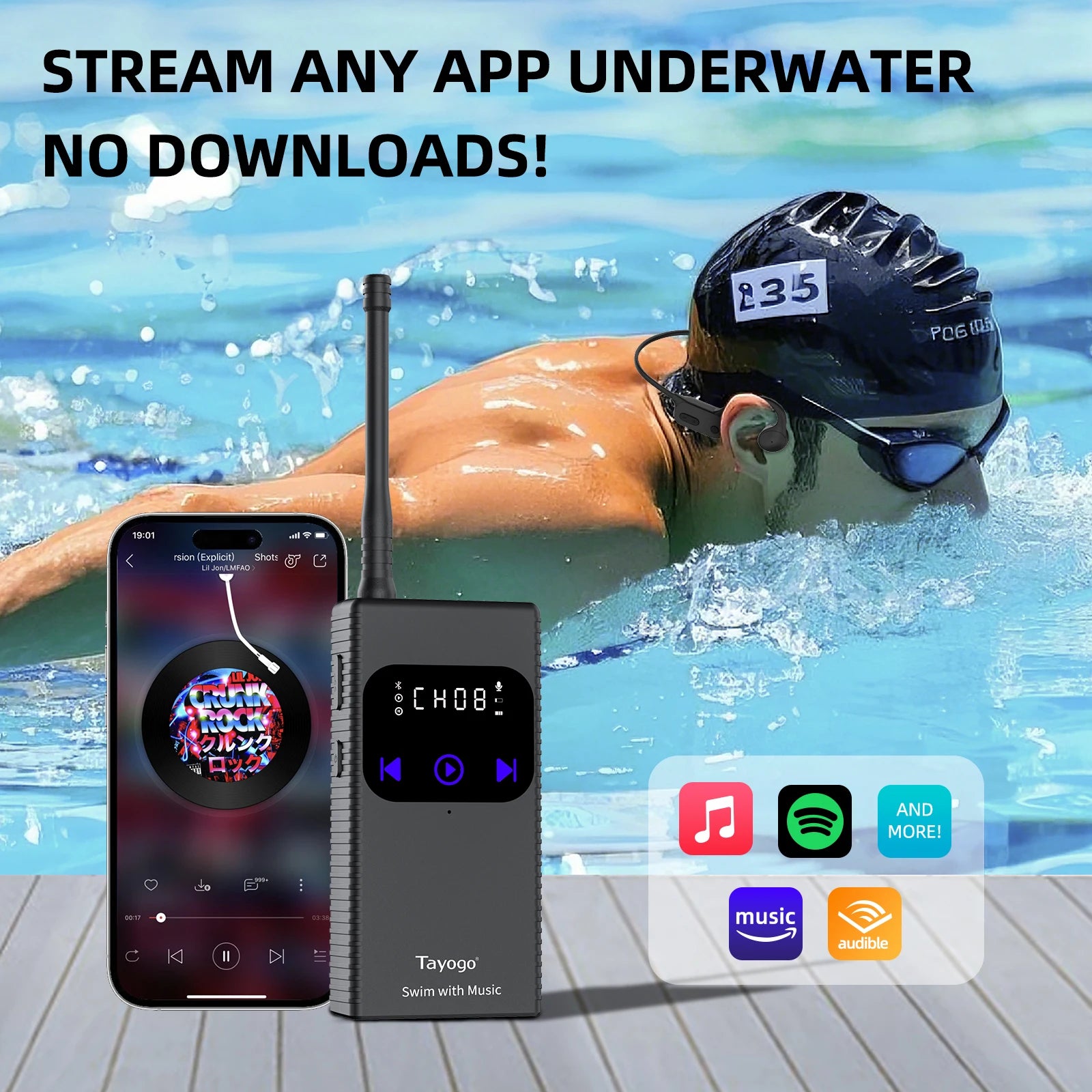 Swimming Headphones Waterproof for Spotify Music Wireless Earphones No MP3 Download Required for Swimming
