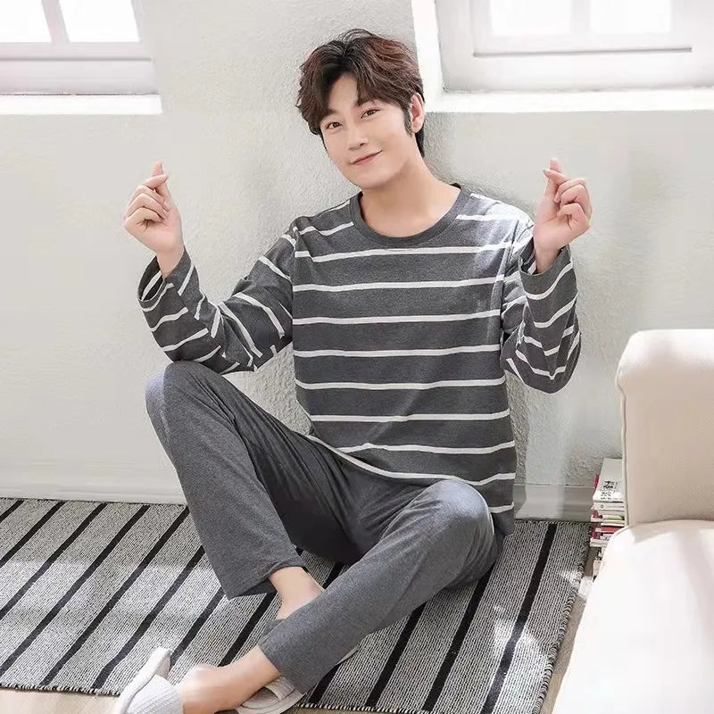 2-Piece New Spring And Fall Men's Pajamas Set Boys Soft Long-Sleeved Sleep Rest Home Party Pajamas Men's Casual Homewear