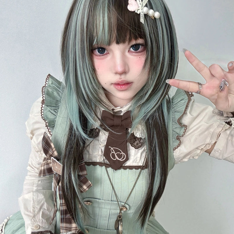28Inch Lolita Style Mint Chocolate Synthetic Wigs with Bangs Long Natural Straight Hair Wig For Women Cosplay Heat Resistant