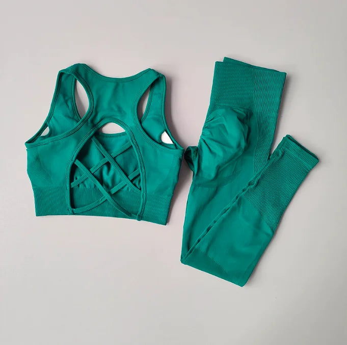 Women's Seamless Workout Set High Waisted Yoga Pants & Sports Bra with Removable Pads Booty Lifting for Running Training