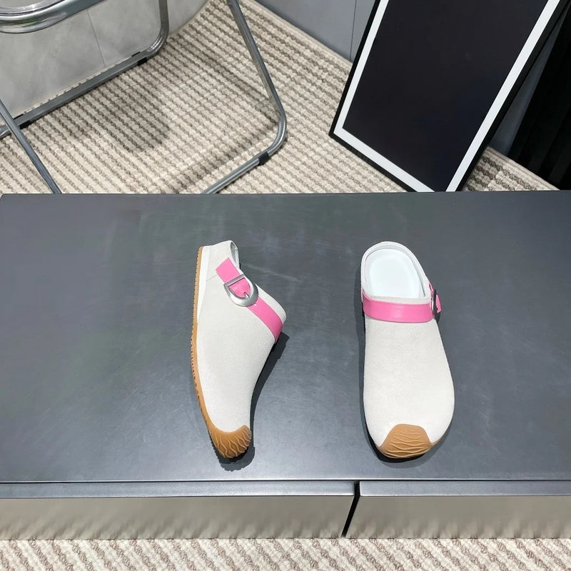 2026 New Arrival Women Mule Clogs Buckle Strap Spliced Leather Flat Backless Slip‑On Casual Slippers--wy87