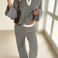 Autumn New Fashion Knitted Striped Lapel Long-sleeved Two-piece Set Slim + Casual High-waisted Wide-leg Pants 2 piece Set Female