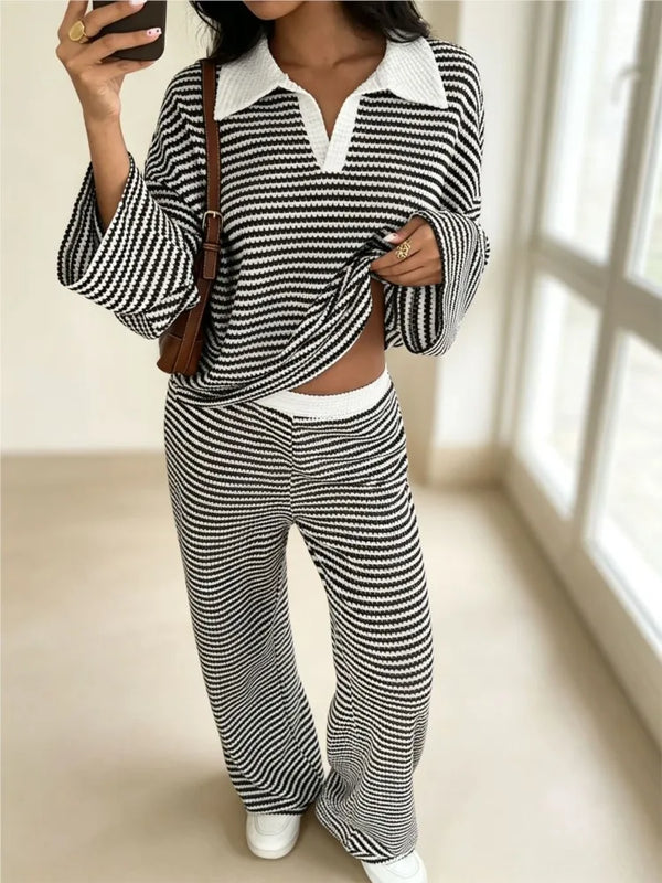 Autumn New Fashion Knitted Striped Lapel Long-sleeved Two-piece Set Slim + Casual High-waisted Wide-leg Pants 2 piece Set Female