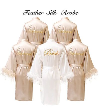 Women FEATHER Bride Bridesmaid Wedding Robe Satin Kimono | SAMAG
