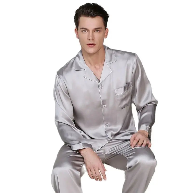 Birdtree 19 Momme 100%Pure Silk Pajamas Sets, Men Homewear Male Casual Long Sleeve Loungewear Pant 2 PCS Suit Sleepwear S38008QM