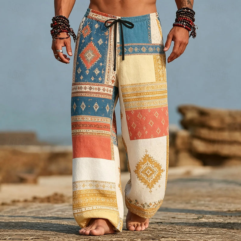 Men's Color‑Block Aztec Tribal Geometric Print Wide Leg Harem Pants Elastic Drawstring Trousers For Boho - View 7 | SAMAG