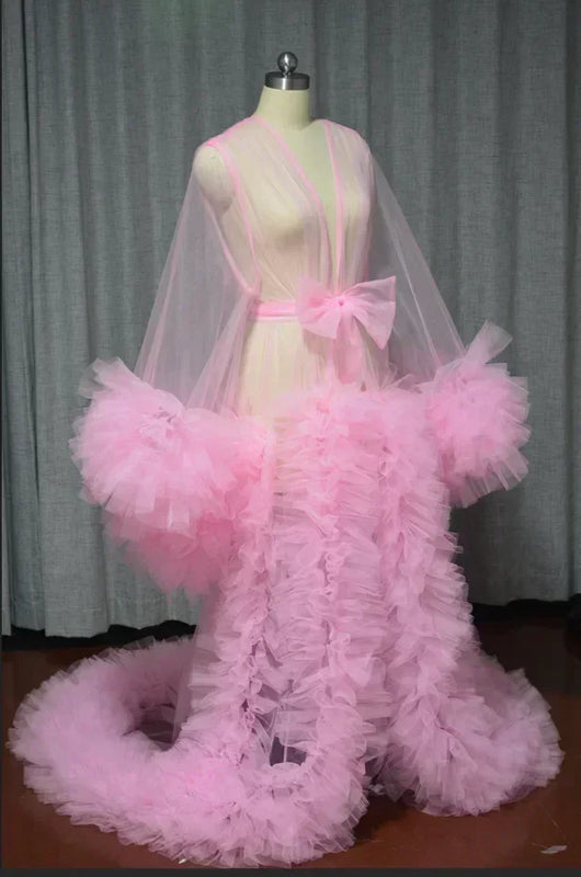Women Dressing Gown Perspective Sheer Long Tulle Robe Puffy Pregnancy Maternity Dress for Baby Shower Nightgown Sleepwear Custom