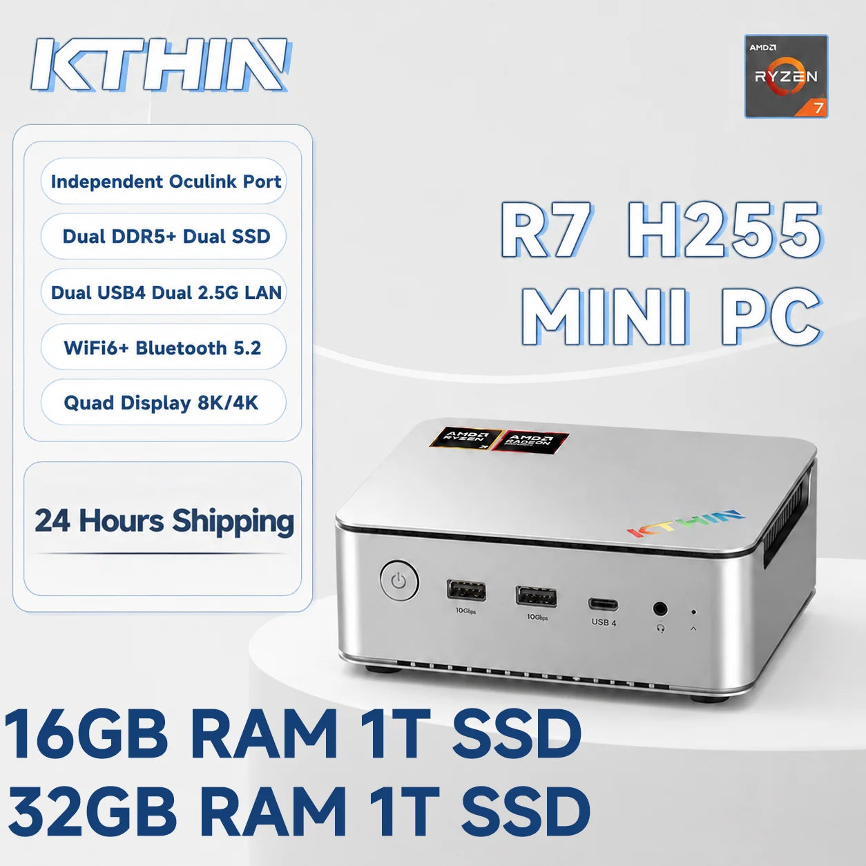 KTHIN Gaming Mini PC Desktop Computer AMD Ryzen7 H 255 (Upgraded 8745HS) Support Oculink Dual DDR5 WIFI6 BT5.2 16/32G RAM 1T SSD