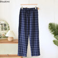New 2026 Summer Men's Sleeper Pants 100% Cotton Crepe Pants Loose Thin Large Home Casual Checkered Home Pants Bottoms for Men
