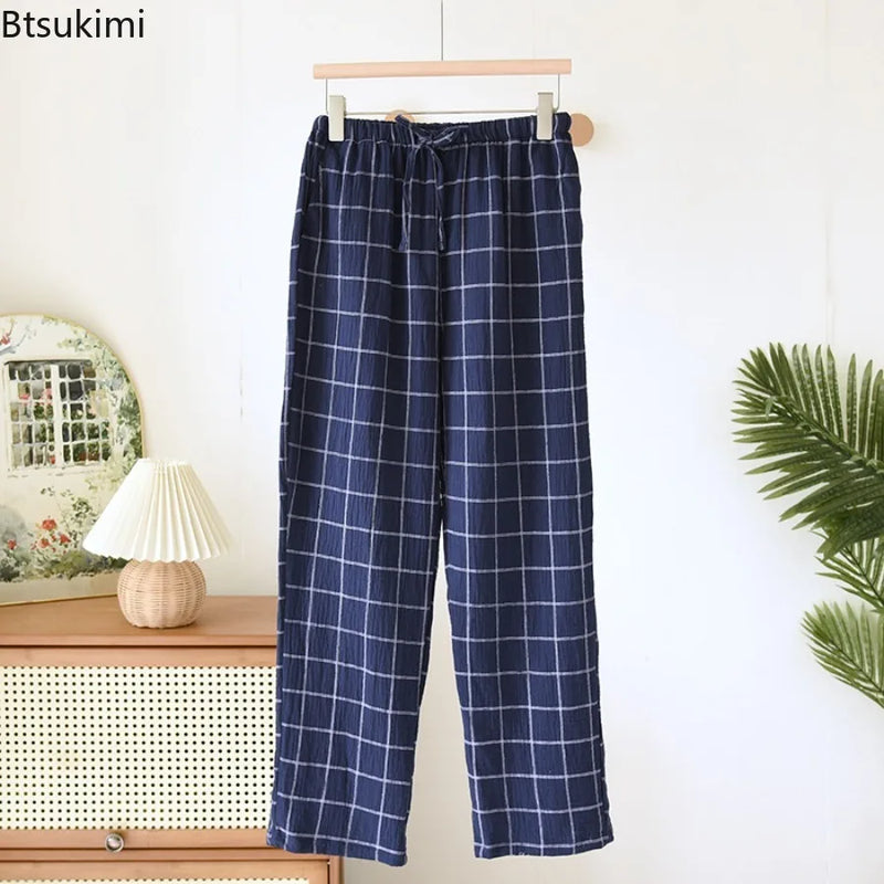 New 2026 Summer Men's Sleeper Pants 100% Cotton Crepe Pants Loose Thin Large Home Casual Checkered Home Pants Bottoms for Men