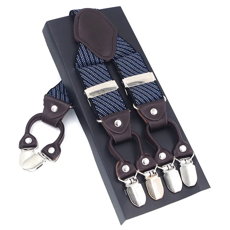 Men's Casual Fashion Leather Suspenders Adjustable High Quality Belt Strap Braces with 6 Clips