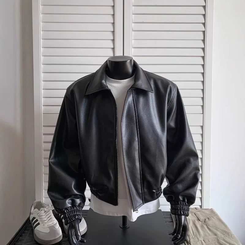 KIDWHXR Autumn Man Leather Jacket Streetwear Turn Down Collar Zipper Male Windproof Long Sleeve Loose Casual Men Outerwear