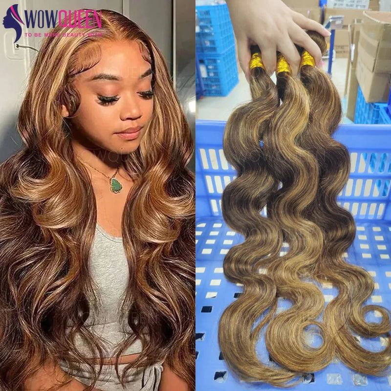 12A Highlight Body Wave Bundles Human Hair P4/27 Ombre Brown Blonde Bundles Colored Brazilian Human Hair Weaving Extensions