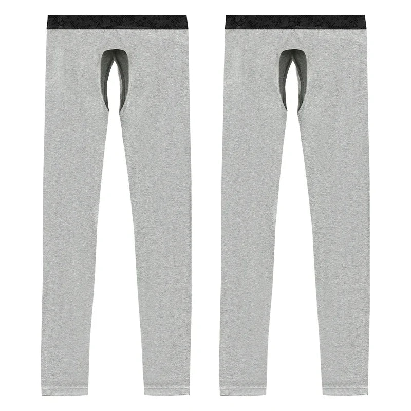2 Open crotch thermal pants men's thin leggings middle-aged elderly long johns autumn and winter tight inner threads