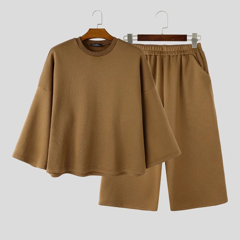 INCERUN Men's Sets Solid Color Oversize 3/4 Sleeve T Shirt Pants Two Piece Streetwear Stylish Casual - View 7 | SAMAG
