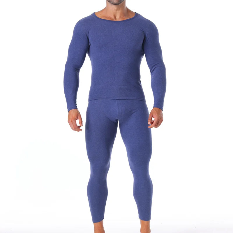 Winter Long Johns Men's Thermal Underwear Thickened Cashmere Silk Base Layer Set  Fleece Warm Pajamas Set Round Neck