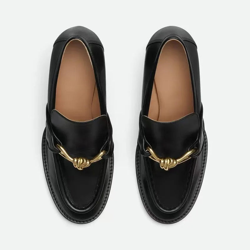Black Metal Decoration Round Toe Platform Women Loafers Shoes Chunky High Heels Slip On Design Large Size Pumps Shoes