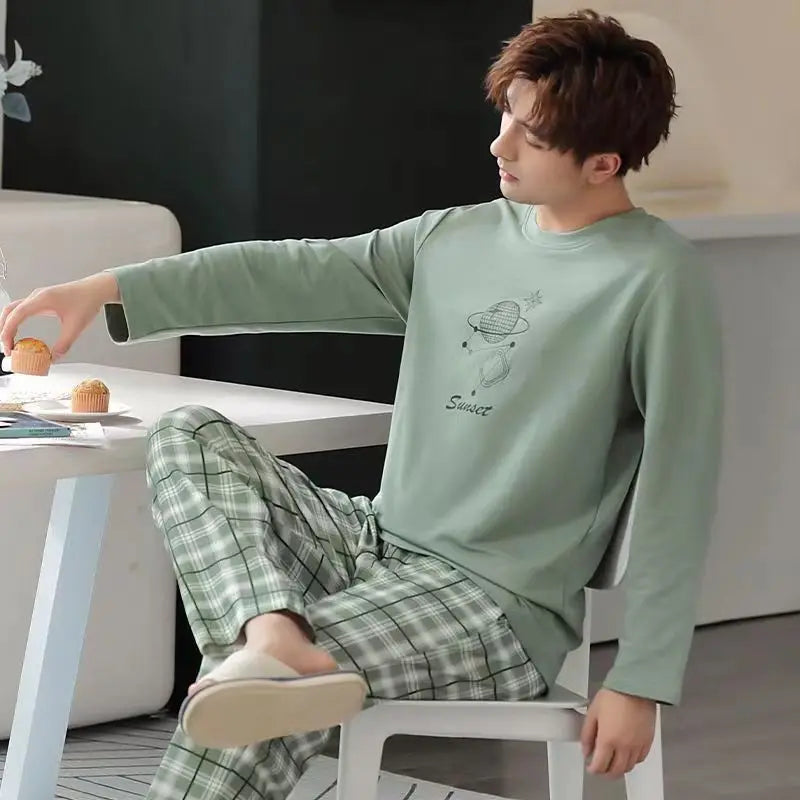 2-Piece New Spring And Fall Men's Pajamas Set Boys Soft Long-Sleeved Sleep Rest Home Party Pajamas Men's Casual Homewear