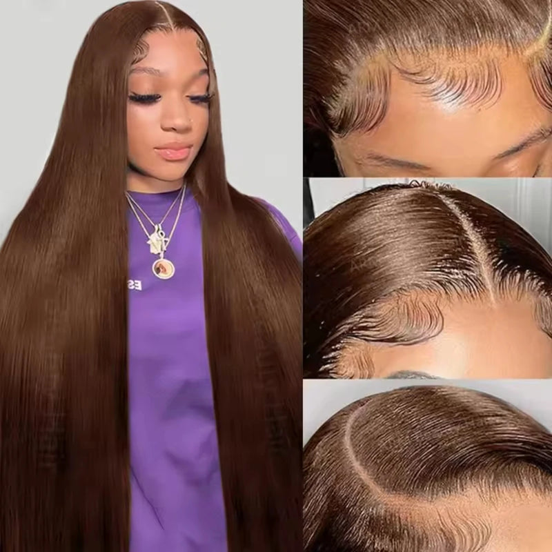 #4 Straight Chocolate Brown Wigs 200% Density 13x4 13x6 HD Transparent Lace Frontal Wigs Real Human Hair 46 Inch Remy Women Hair