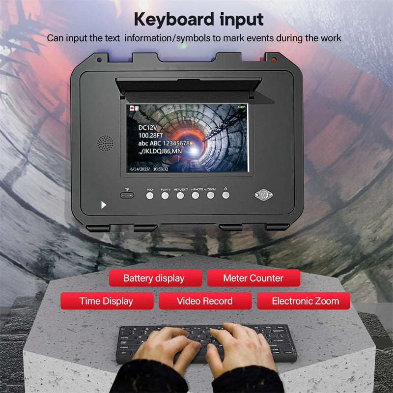 360 Rotating Sewer Pipe Inspection Camera 9″ 32MM Camera IPS+1080P Screen +512HZ Transmitter+Meter Counter+Keyboard Sewer Camera
