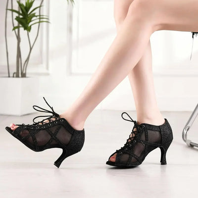 Black Latin Dance Shoes for Women Breathable Mesh Suede | SAMAG