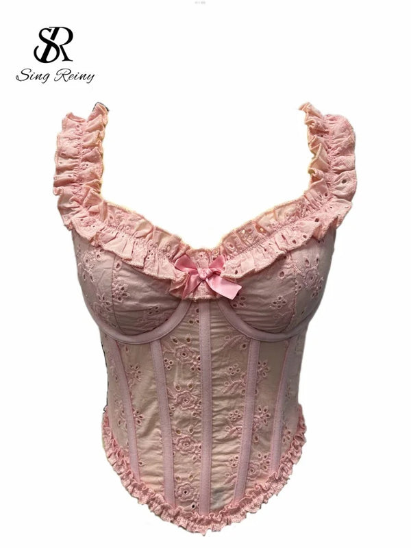 SINGREINY Floral Embroidery Lingerie Women Strap Irregular Corset Short Tank Top Sensual French Hotsweet Slim Sexy Beach Camis