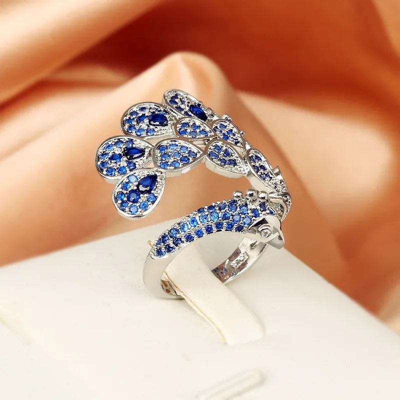Creative Peacock 925 Silver Plated Ring for Women Bright Blue AAAA Zircon Open Adjustable Jewelry Silver Jewelry Wedding Ring