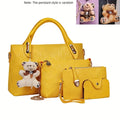 4 Pcs Women Handbag Set Embossed Pattern PU Leather Tote Bags Fashion Chain Shoulder Crossbody Bag Ladies Wallet Card Holder Purse With Bear Pendant Daily Shopping Handbags