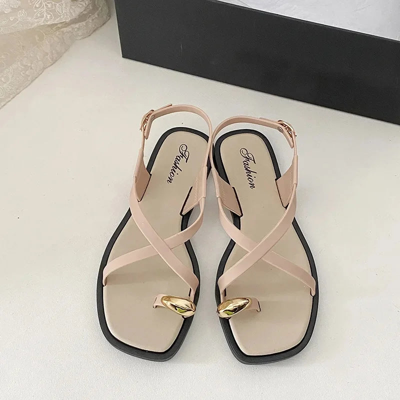 2024 New Women's Summer Outdoor Wear French Style Flat Bottom Sandals High Quality PVC Material Adults Roman Style Slippers
