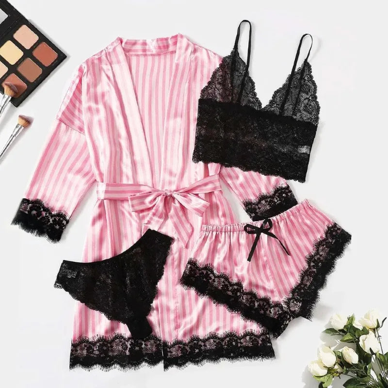 /Set Lace Satin Pajama with Robe - Cami Top & Shorts | SAMAG