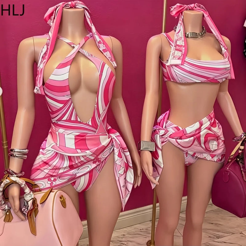 HLJ Sexy Women Pink Abstract Print One Piece Swimsuit | SAMAG