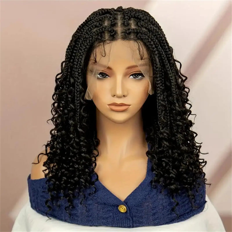 14/16/18" Short Knotless Box Braided Wig with Curly Ends Synthetic Full Lace Boho Braided Hair Wigs for Black Women Fluffy Wig