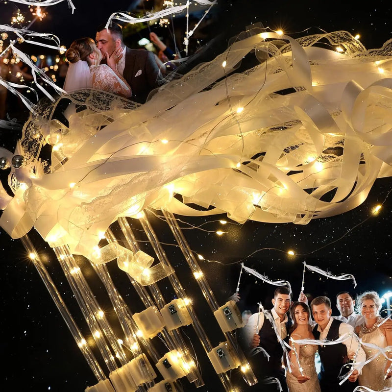 12-60Pcs Light Up Wedding Sparklers LED Wedding Wands Streamers Silk Fairy Wands with Bells  for Wedding Birthday Party Supplies