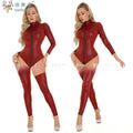 Lingerie Women Latex Leather Bodysuit with Belt Plus Size Rompers Shapewear Nightclub Outfit Cat Girl Porn Underwear