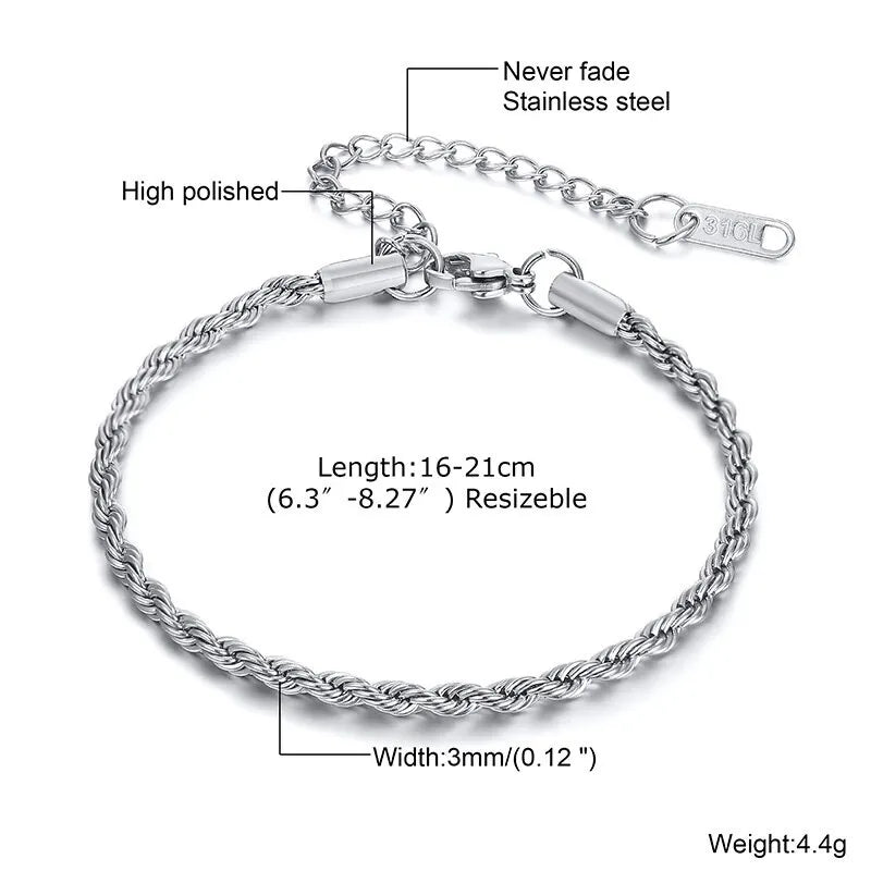 Hip Hop Men's Stainless Steel Rope Chain Bracelets,2/3/4/5mm Gold Color Adjustable Twisted Chain Wristband,Punk Casual Jewelry