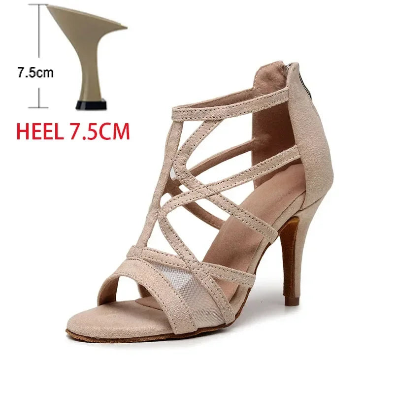 Adult Latin Dance Shoes for Woman Soft Sole Heel Sandal Female Cha Cha Tango Professonal Ballroom Training Stage Boots OEM Heel