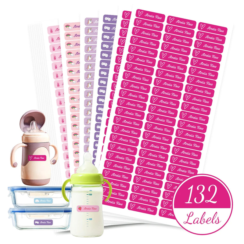 132 Personalized Name Stickers for Kids, Custom Waterproof Name Labels for Bottles, Lunch Boxes, School Supplies