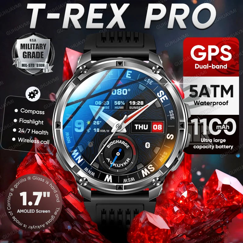 2026 New T-Rex3 Pro 1100mAh Battery Smart Watch GPS Path 5ATM Waterproof Sports Run Tracker Outdoors Compass Military Smartwatch