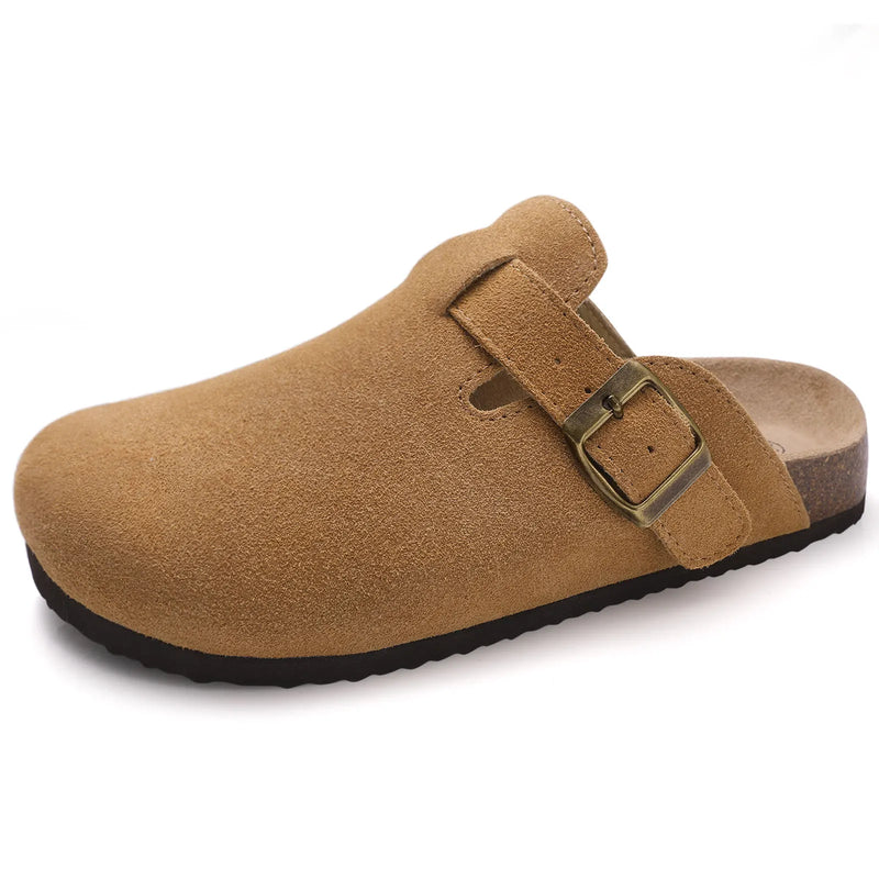 2026 Women Suede Clogs With Adjustable Buckle Cork Leather Mules Comfortable Slip on Women Slippers Outdoor Cork Clogs