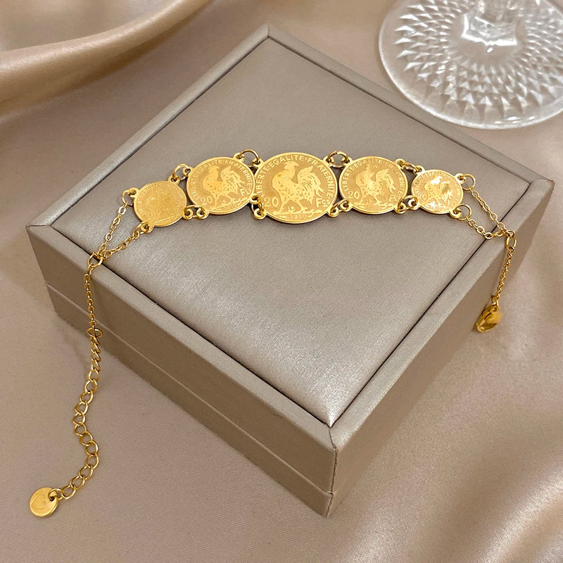 Vintage Gold Plated Stainless Steel Coins Wrist Bracelet for Women Men Classic Ethnic Cuff Bracelets Waterproof Jewelry