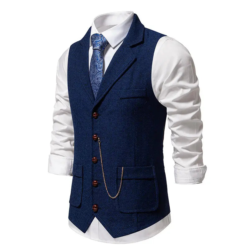 Men's Suit Vest Fashion Turn-Down Collar Pockets Suit Vests England Style Smart Casual Vintage Gentleman Leisure Party Waistcoat