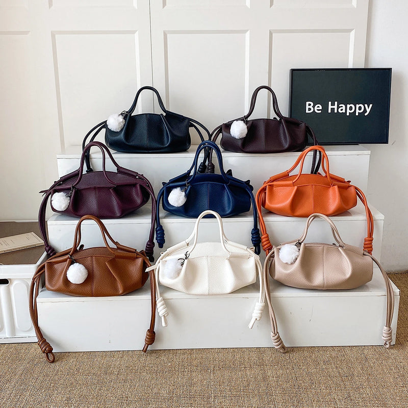 Orange Handbag High Quality Pu Leather Bag Lady Designer Pleated Cloud Bag Fashion Hobo Shoulder Bag Female Dumpling Tote